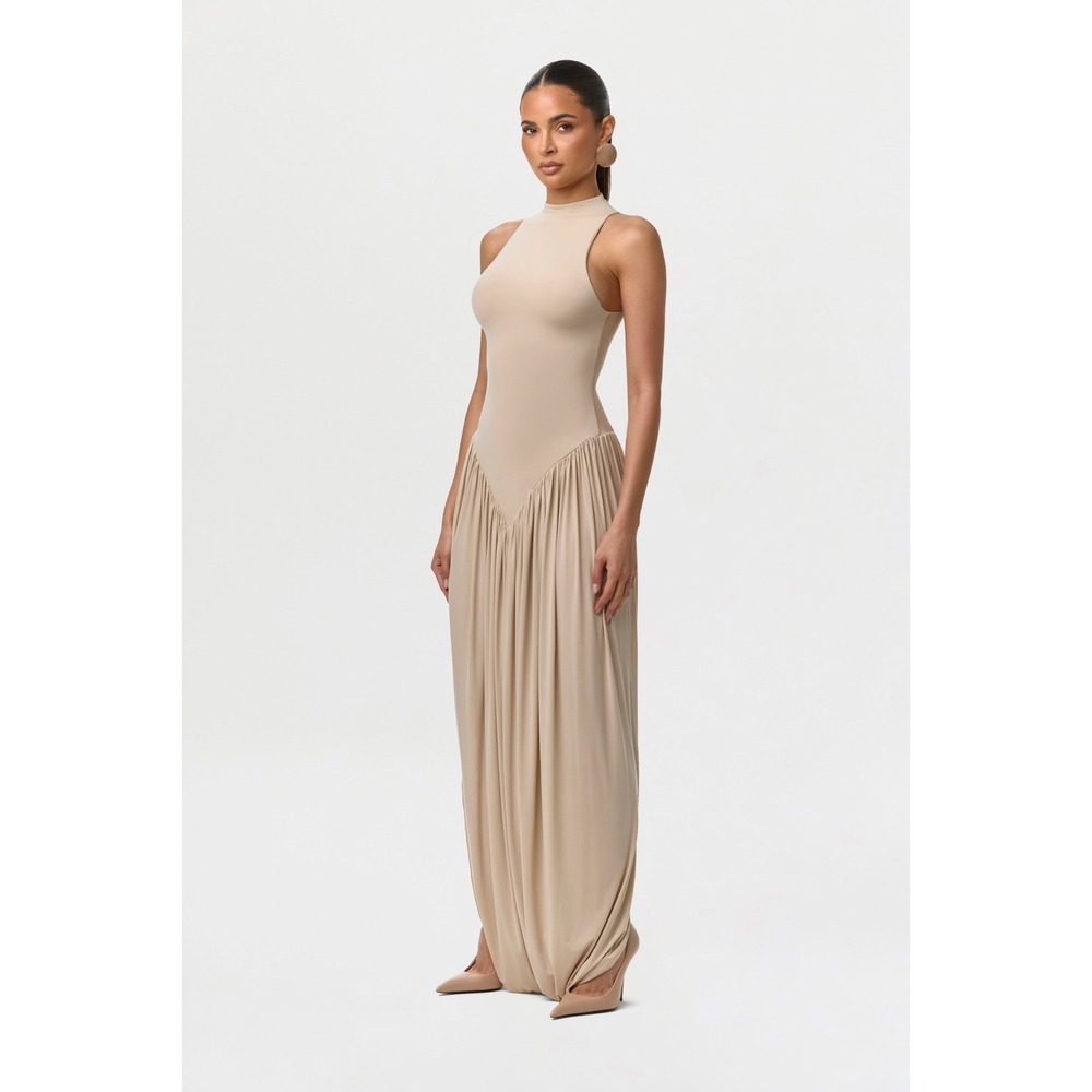 Naked Wardrobe Taupe Mock Neck Basque Waist Draped Maxi Dress Elevated Basic
